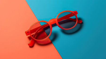 Red glasses on a blue and orange background. Minimal style.の素材