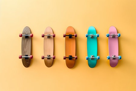 Colorful skateboard on yellow background. Top view, flat layの素材