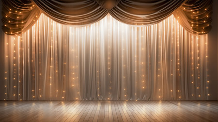 Curtain with gold lights and wooden floor. 3D rendering.の素材