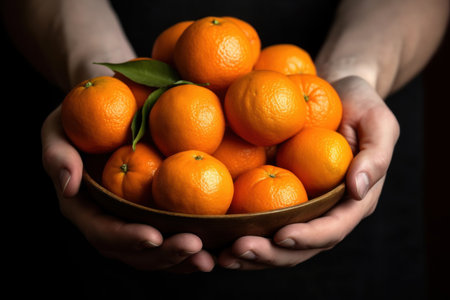 Female hands holding a bowl of tangerines on a black backgroundの素材