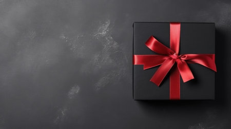 Black gift box with red ribbon on black background. top view.の素材