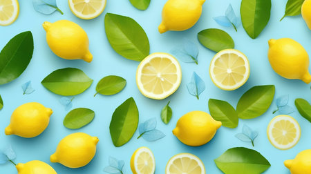 Creative layout made of lemons and leaves on blue background. Flat lay, top view.の素材