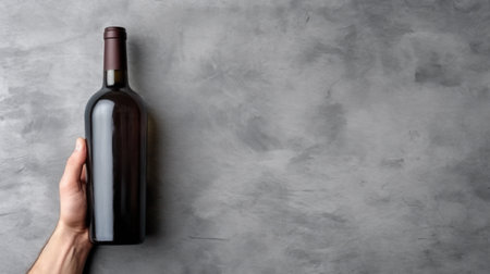 Bottle of red wine in hand on gray background. Top view with copy space.の素材
