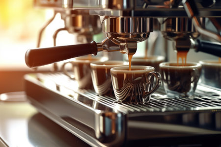 Coffee machine making espresso in cafe, closeup. Professional coffee brewingの素材