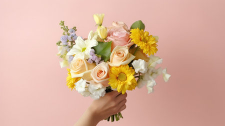Bouquet of flowers in the hands of a girl on a pink backgroundの素材