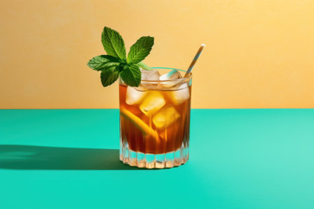 Glass of iced tea with mint and ice cubes on colorful backgroundの素材