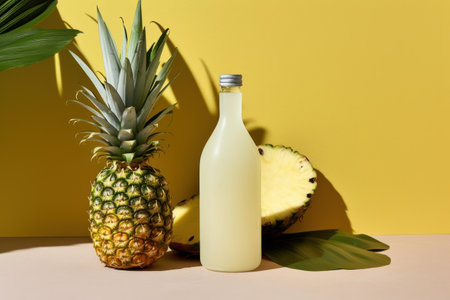 Bottle of fresh pineapple juice and pineapples on yellow backgroundの素材