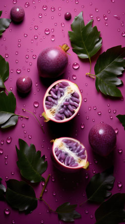 Passion fruit and leaves on a purple background with water drops.の素材