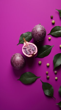Purple passion fruit with green leaves and seeds on purple background.の素材