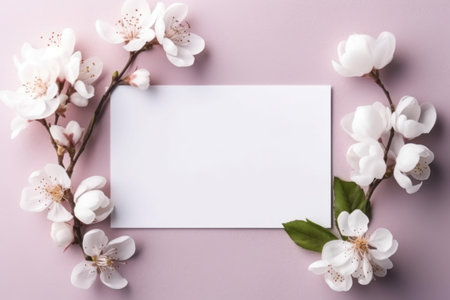 Blank card with cherry blossoms on pink background. Flat lay, top viewの素材