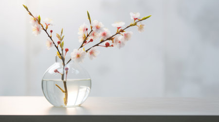 Beautiful blooming branch of sakura in vase on table indoorsの素材