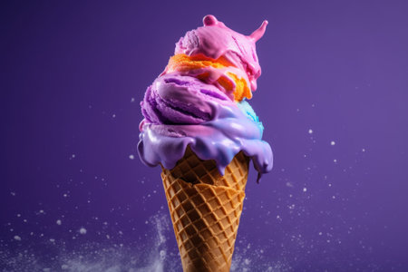 Colorful ice cream in waffle cone on purple background, closeupの素材