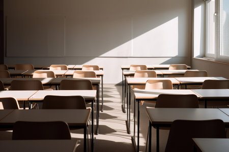 Classroom interior with rows of chairs and tables. 3d renderの素材