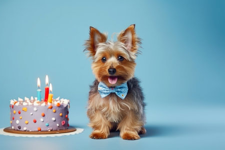 Cute yorkshire terrier puppy with birthday cake on blue backgroundの素材