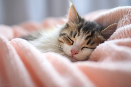 Cute little kitten sleeping on soft pink blanket. Shallow depth of field.の素材