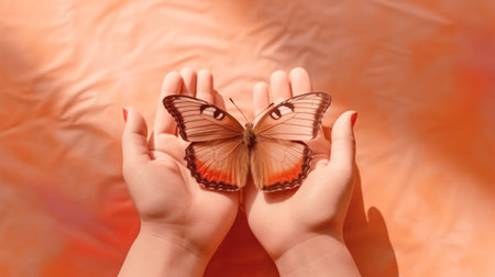 Butterfly on the hands of a child on an orange backgroundの素材