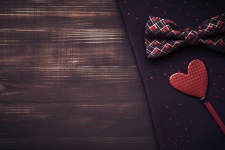 Red bow tie and heart on dark wooden background. Toned.の素材