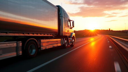 truck on the highway at sunset, transportation and logistics concept.の素材