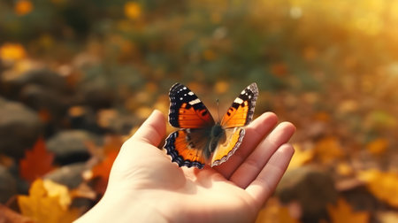 Butterfly on woman hand in autumn park, close-upの素材