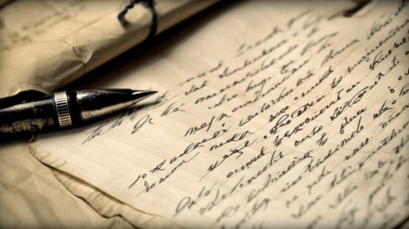 Vintage pen and old letter. Shallow depth of field. Toned.の素材