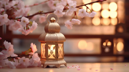Lantern with cherry blossoms on wooden table in cafe, closeupの素材