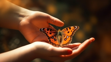 Beautiful butterfly in the hands of a child. Selective focus.の素材