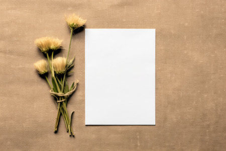 Blank greeting card with dried flowers on brown background, top viewの素材