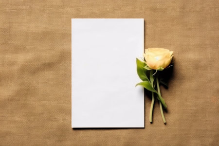 Blank card with a yellow rose on a beige background.の素材
