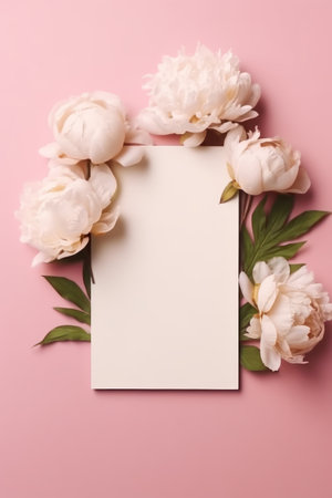 White peony flowers with blank card on pink background. Flat lay, top viewの素材