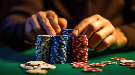 Close up of man playing texas hold'em poker in casinoの素材