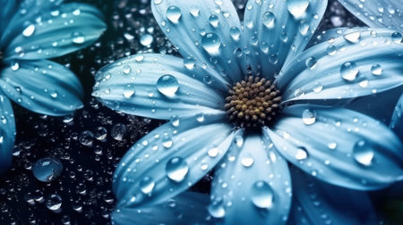 Close up of blue flowers with water droplets on petals.の素材