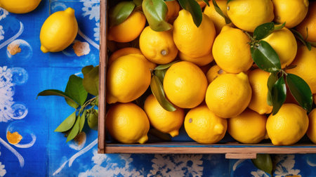 Lemons in a wooden box on a blue tablecloth.の素材