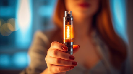 Close-up of a young woman holding a vape in her handの素材