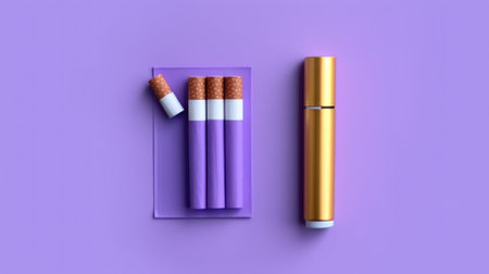 Cigarettes and lighter on a purple background. 3d renderingの素材