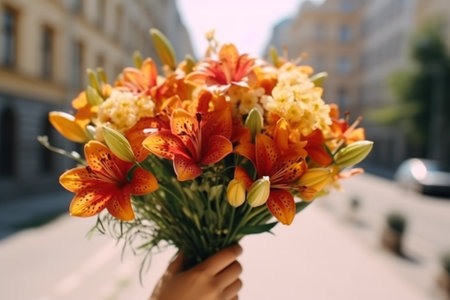 Bouquet of orange lilies in the hands of the brideの素材