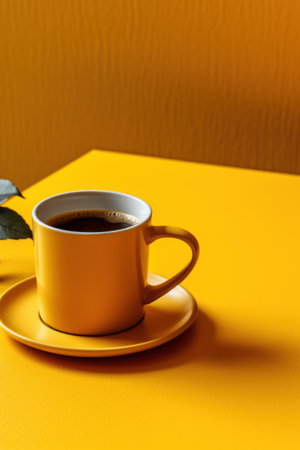 Cup of coffee on yellow table and orange background. Copy space.の素材
