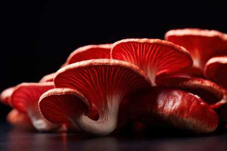 Closeup of a group of red mushrooms on a black background.の素材