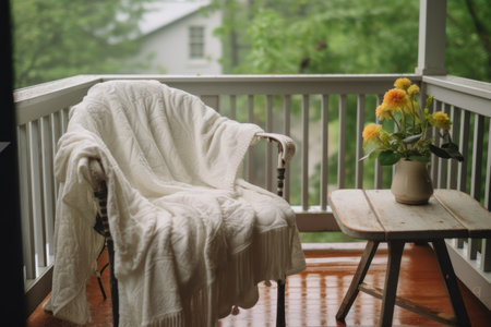 Warm knitted blanket on the balcony with a vase of flowers