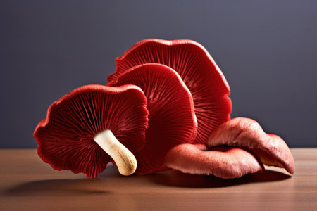Red mushrooms on a wooden table, close-up, dark backgroundの素材