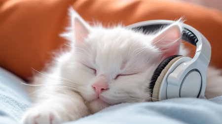 Cute cat with headphones lying on sofa at home, closeupの素材