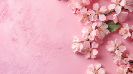 Beautiful blossoming sakura branches on color background, top viewの素材