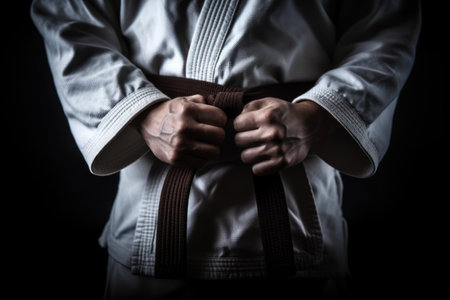 Man in kimono with belt on black background, closeupの素材