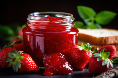 Strawberry jam in a glass jar on a dark background.の素材
