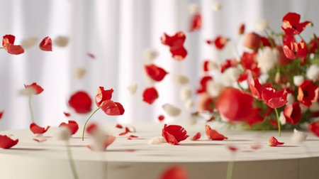 Red poppies on a white table. 3d rendering.の素材