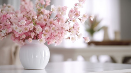 Vase with beautiful blossoming branches on table indoors, closeupの素材