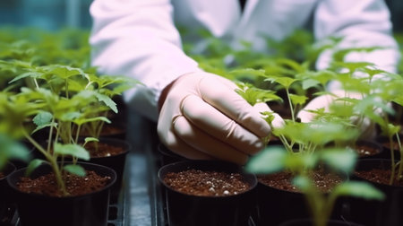 Close-up of a female scientist examining seedlings in a greenhouseの素材