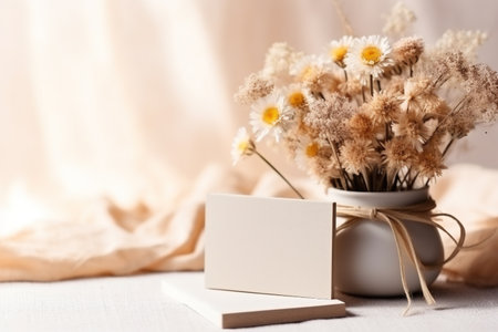 Blank greeting card mockup with dry flowers in vase on table.の素材