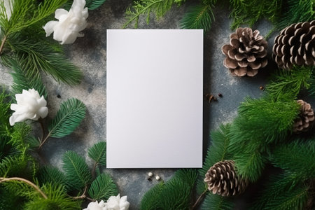 Christmas greeting card mockup. Flat lay, top view, copy space.の素材