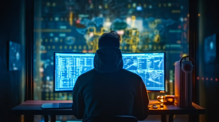 Cyber security concept. Young man in hoodie sitting in front of computer monitor and looking at screen.の素材