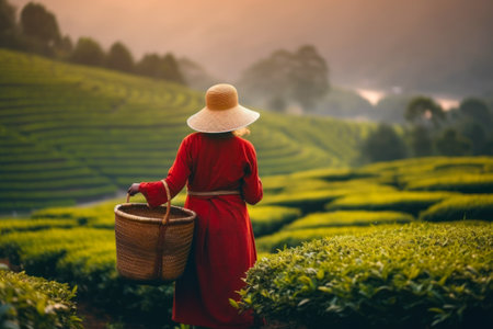tea picker woman at the tea plantation in the morning.の素材